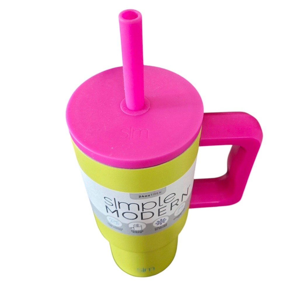 New Simple Modern Water Tumbler Neon Yellow & Pink Straw Cup 24 Oz Beverage Cup - Picture 3 of 3